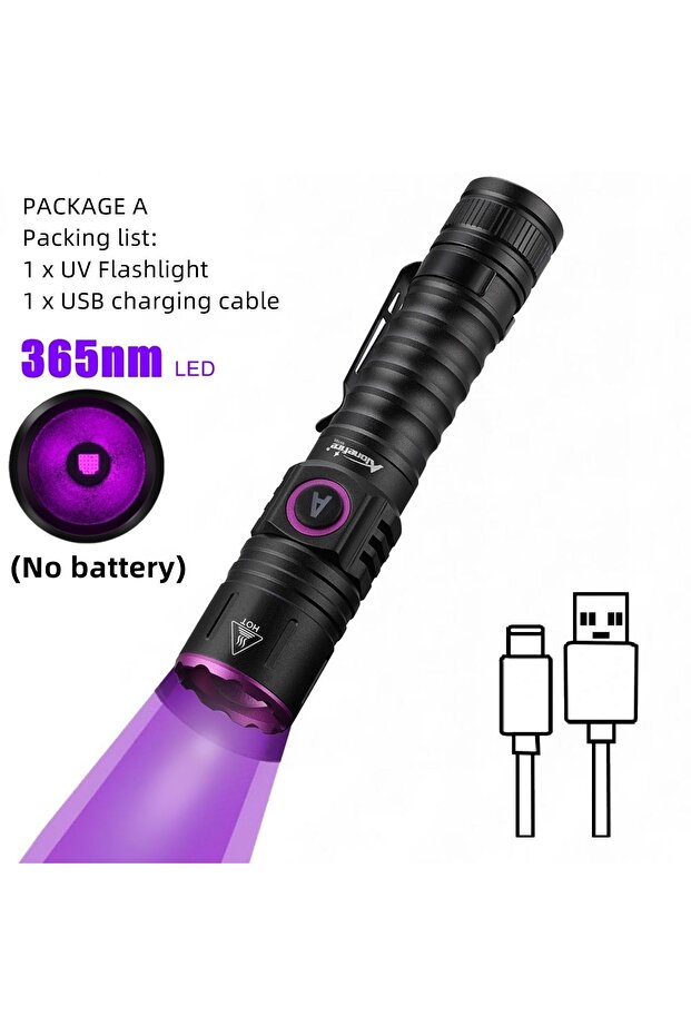 18650 black 365nm-No Battery 365/395nm UV Black Light Flashlight Rechargeable Invisible Ink Marker C