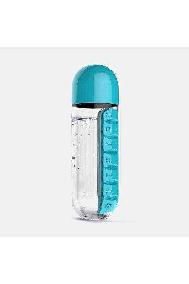 Blue 2 in 1 600ml 7 Grids Medicine Box Water Cup Sports Plastic Water Bottle Combine Daily Pill Boxe