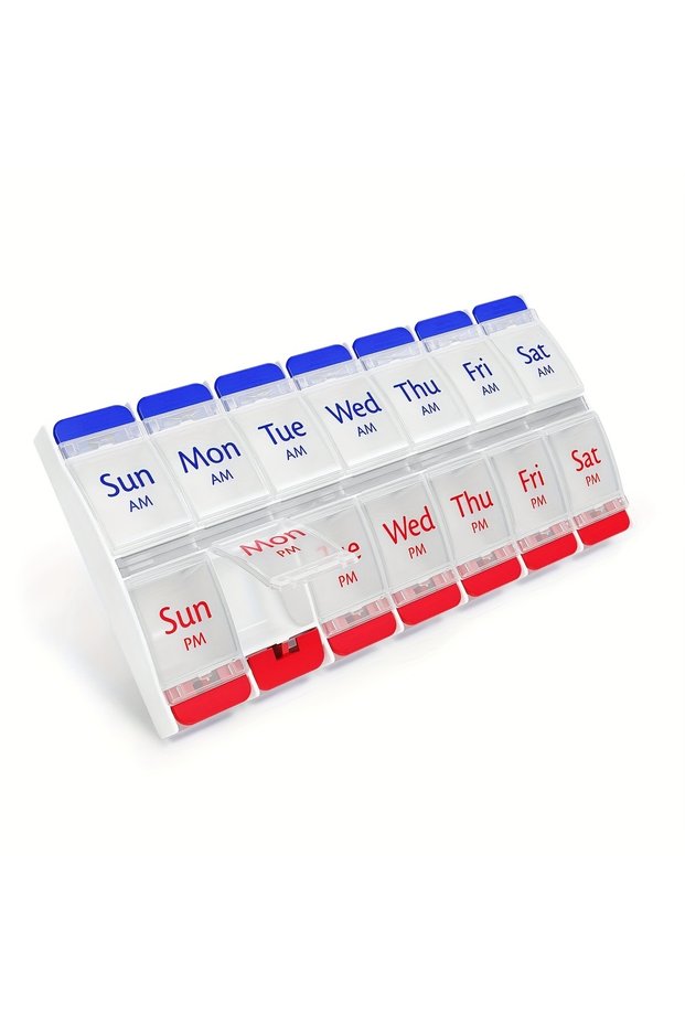 Red Push Button (7-Day) Pill Case, Medicine Planner, Vitamin Organizer, 2 Times a Day AM/PM, Large C
