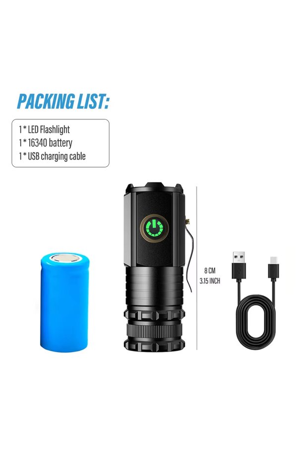 Lithium ion Fixed focus Black BH8350 Portable High Brightness 3 LED Flashlight Type-c Charging Power