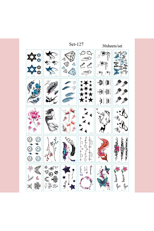 Set-127 30pcs Waterproof Temporary Tattoo Stickers Disposable 3D Color Butterfly Rose Flower Feather