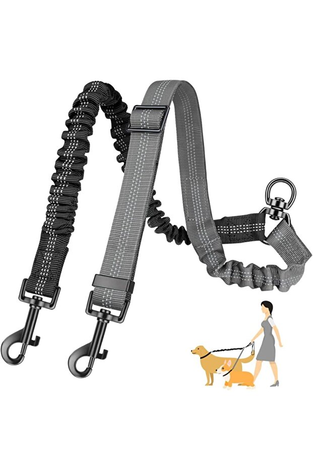 GRAY 1.6ft Long Dual Dog Leash Attachment - Double Leashes for Training Small to Large Dogs - Adjust