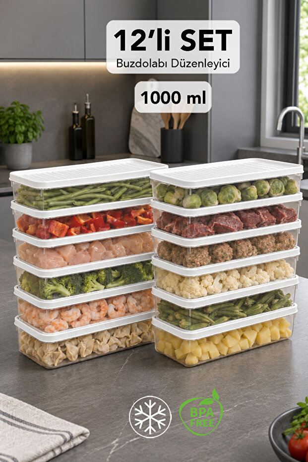 12-Piece Refrigerator Organizer - Kitchen Organizer Multi-Purpose Storage Container Suitable for Freezing 1000ml White