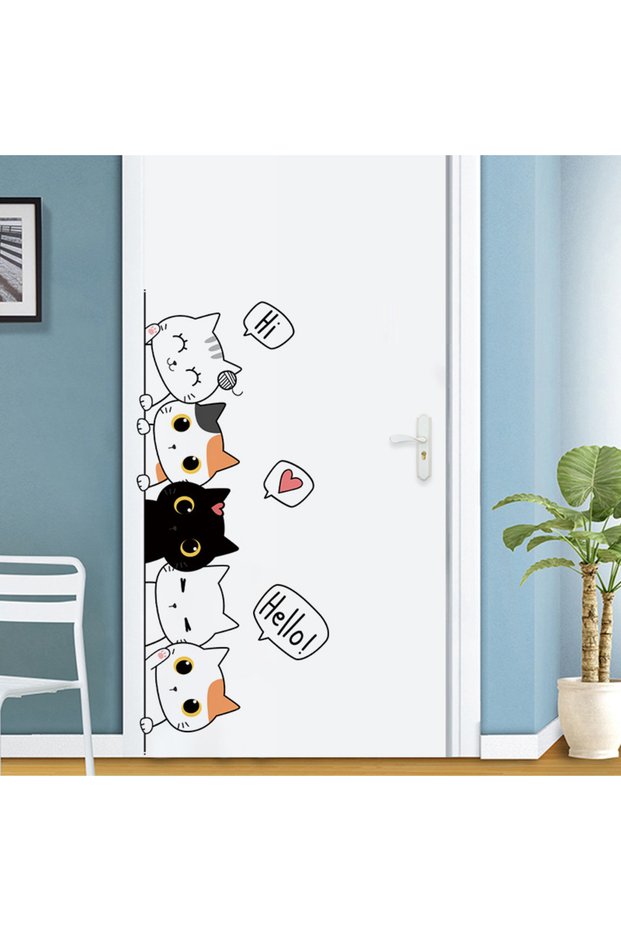 WHITE 1PC Sartoon Cute Cat Stickers For Decorating Bedroom Wardrobe Doors, With Waterproof Self-adh