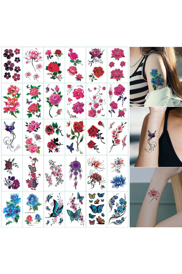 30Pcs 30Pcs Tattoo Stickers,Flowers & Butterflies Temporary Tattoos,Waterproof Sweatproof Lasting 3-