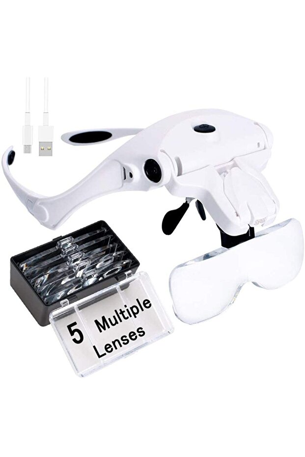 Headband Magnifying Glass, USB Charging Head Magnifier with LED Light Jewelry Craft Watch Hobby 5 Le