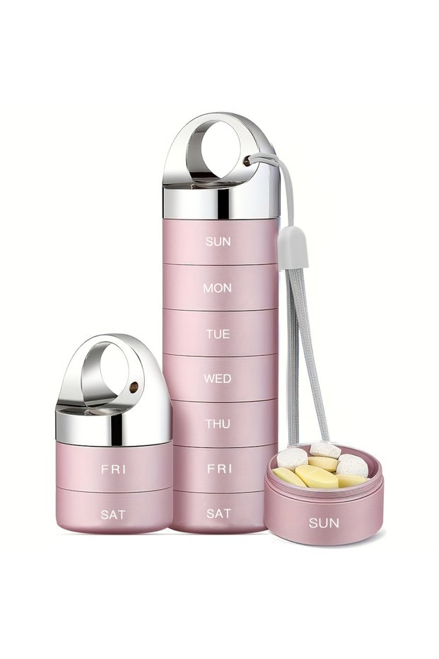 Pink Metal Travel Pill Organizer, Portable Waterproof Weekly Pill Box, Large Aluminum Alloy Containe