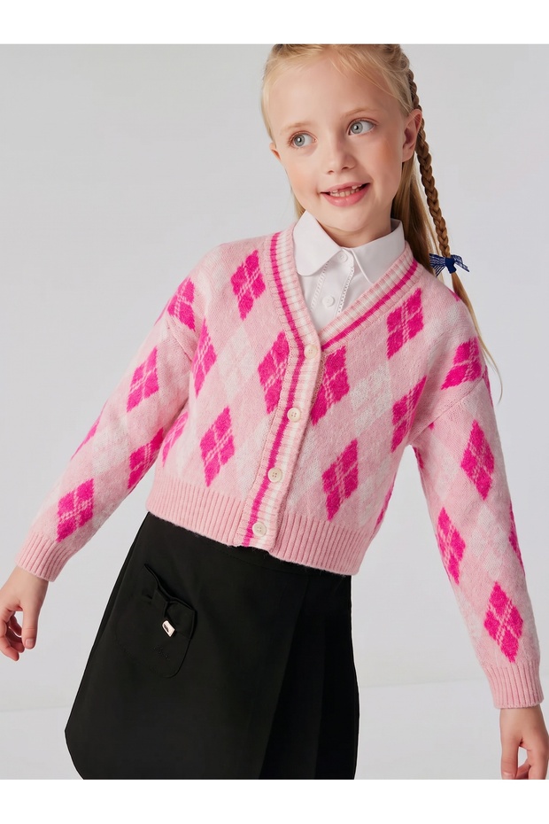 Girl's Premium Quality Front Buttoned Diamond Patterned Cardigan Pink