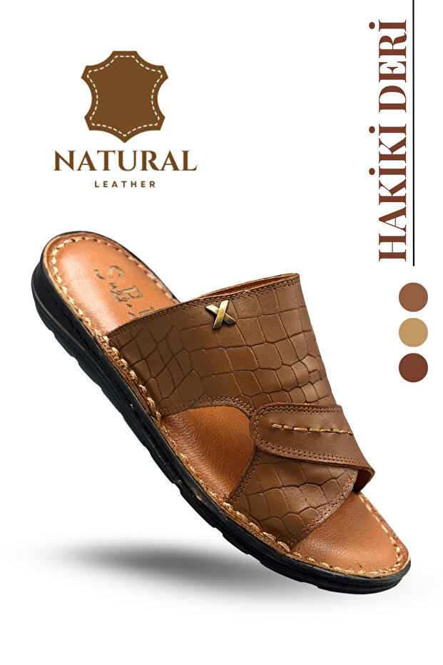Genuine Real Leather Men's Slippers Lightweight Slippers Leather 3d Tan 1