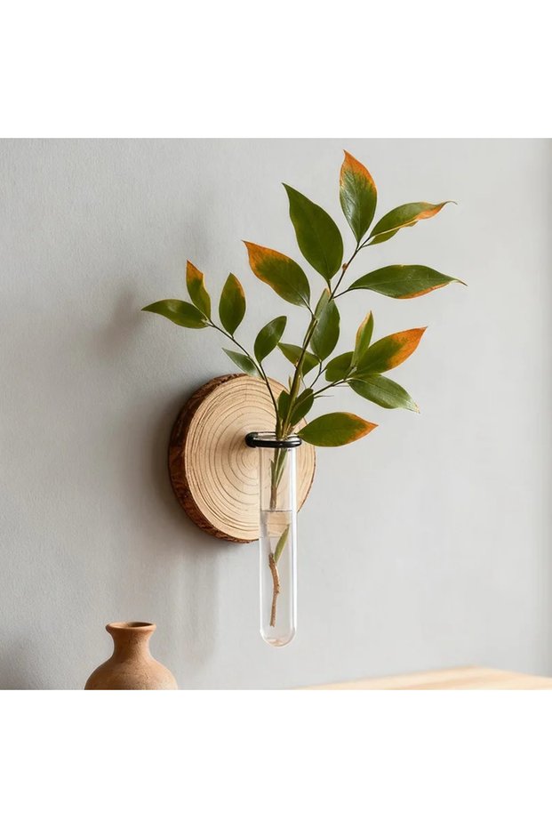 1pc Wall Hanging Wooden Test Tube Hydroponic Vase Plant Propagation Glass Vase with Wooden Stand for