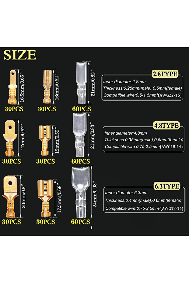 360PCS 360Pcs 2.8/4.8/6.3mm Quick Splice Male and Female Wire Spade Connector Crimp Terminal Block A