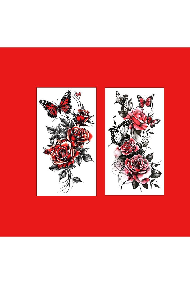 2pcs-Hua-20 2 Sheets Red Black Rose Flower Butterfly Temporary Tattoo Stickers, Waterproof Fake Tatt
