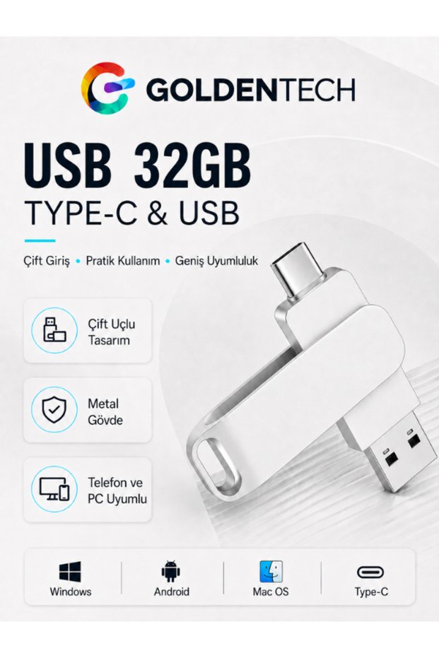 2 in 1 Double Sided 32Gb Type-C USB 2.0 Metal USB Memory Stick