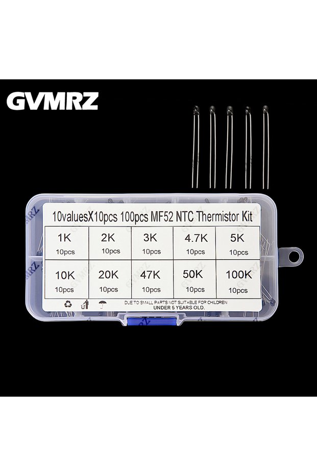 100PCS 10Values*10PCS NTC Thermistor Thermal Resistor kit MF52 NTC-MF52AT 1K 2K 3K 4.7K 5K 10K 20K 4