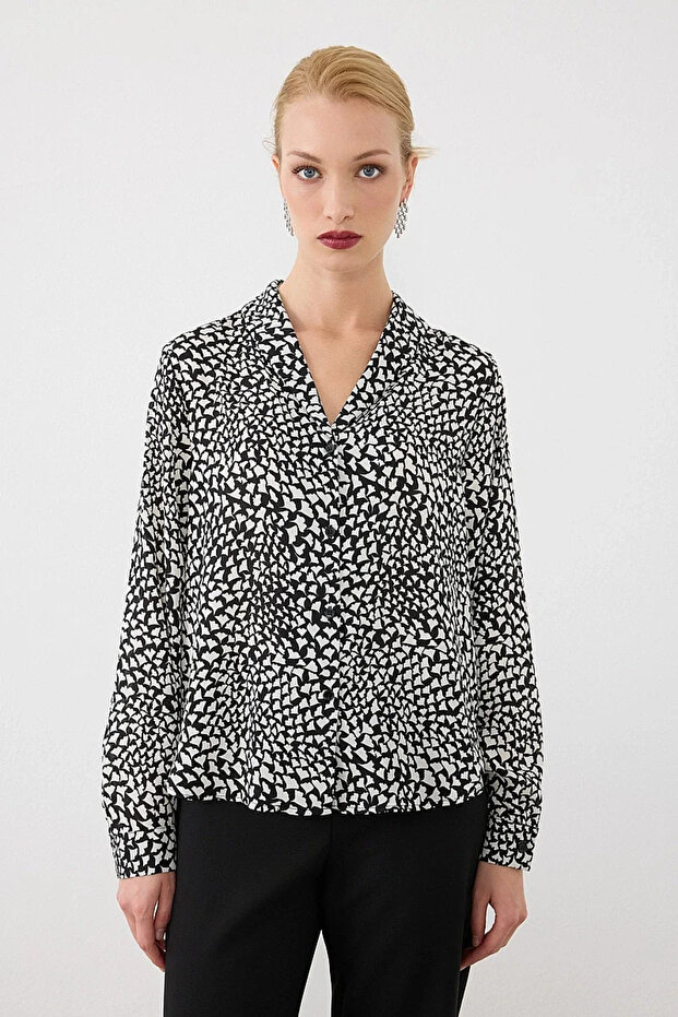 Shawl Collar Patterned Blouse - Black