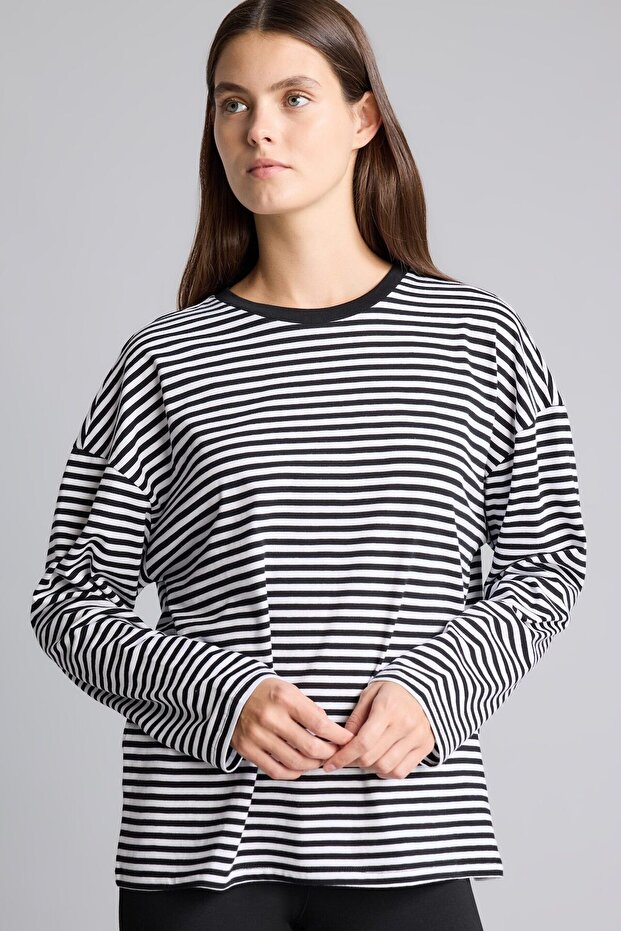 Oversize Crew Neck Striped Combed Cotton Long Sleeve T-Shirt I7904Ax26Au