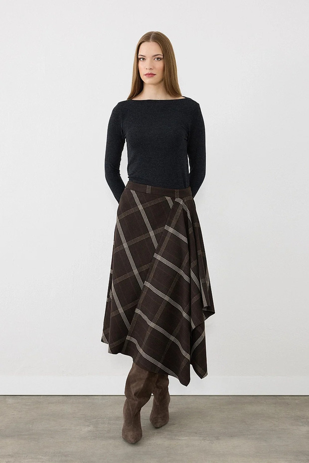 Asymmetric Plaid Skirt - Brown