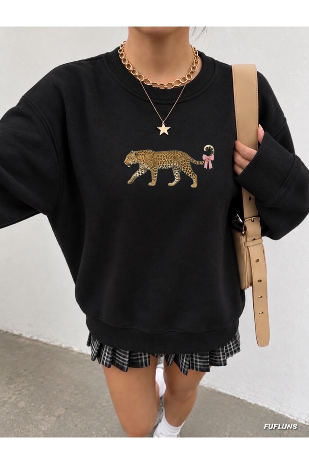 Leopard Ribbon Printed Oversized Women's Crewneck Sweatshirt