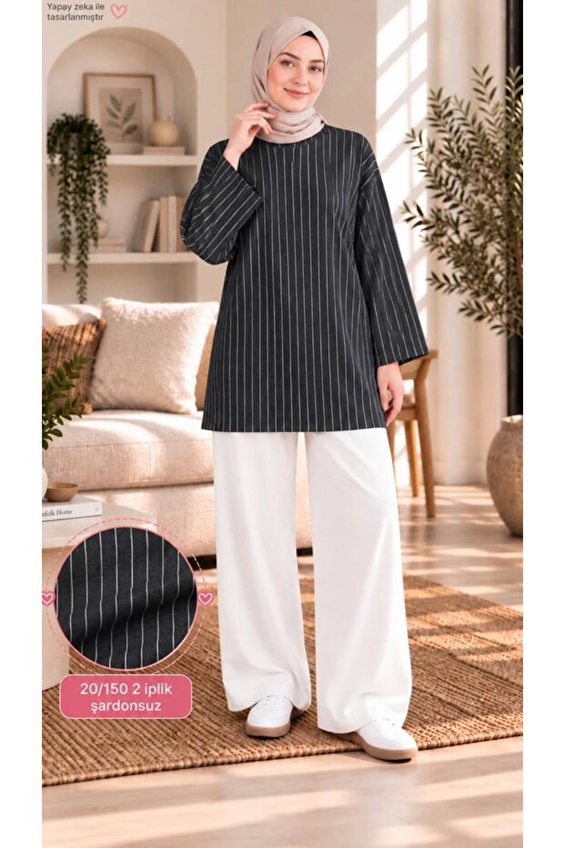Women's Vertical Thin Striped Hijab Tunic 2 Yarns