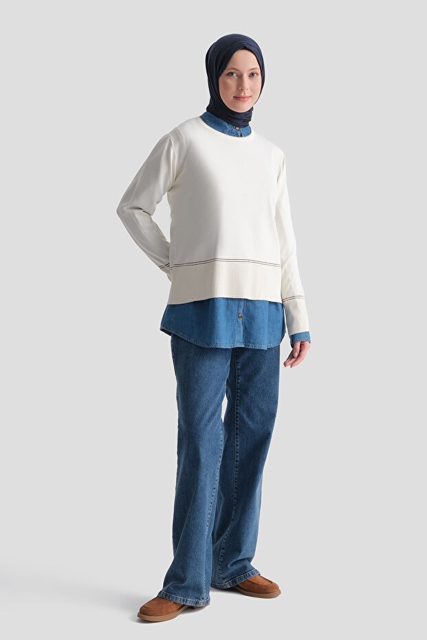 Ecru knit sweater with stripe detail