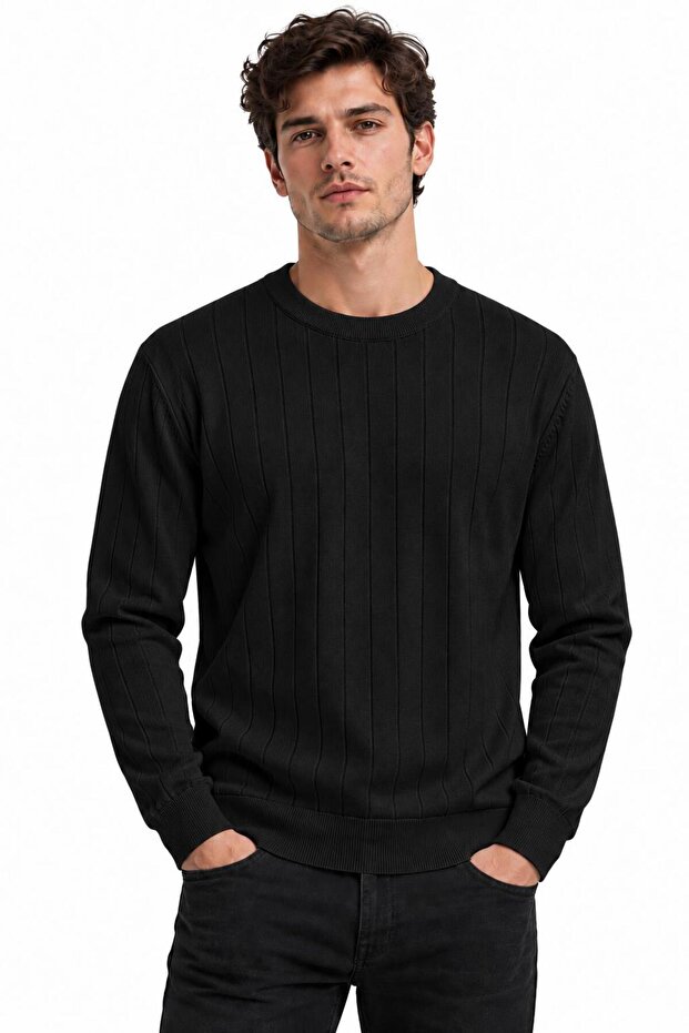 Men's Black Crew Neck Vertical Striped Knit Sweater