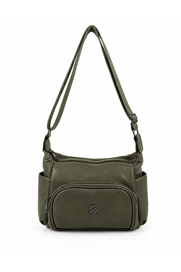 Women's Adjustable Cross Strap Multi-Compartment Faux Leather Shoulder Bag Khaki