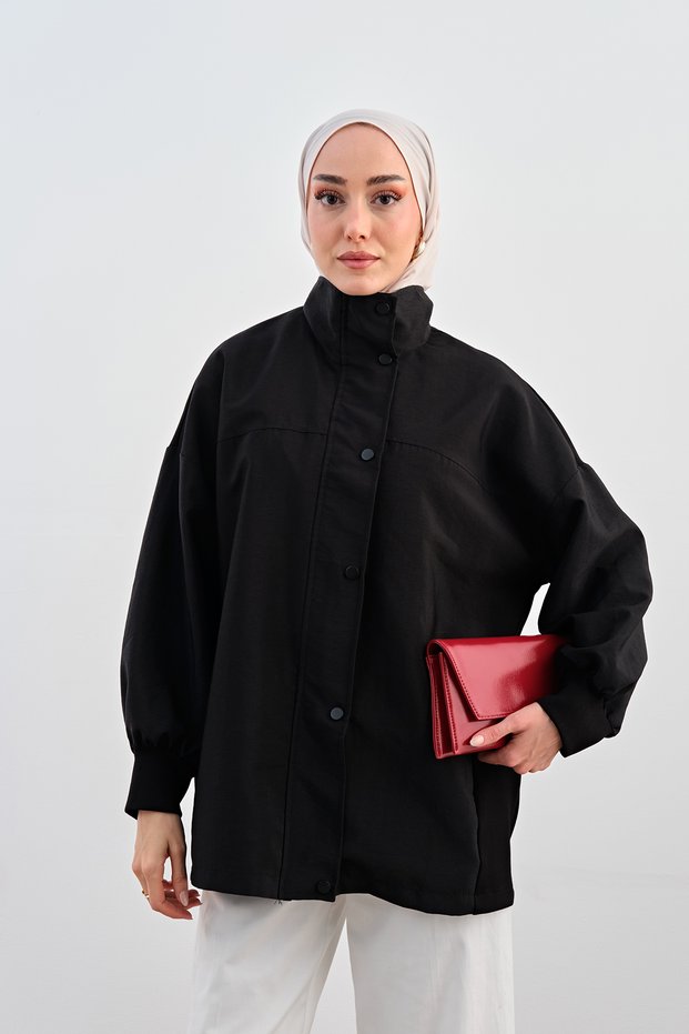 Women's Snap Detail Hidden Zipper Ribbed Parachute Jacket Black