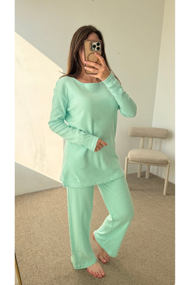 Crew Neck Thick Ribbed Pajama Set - Water Green