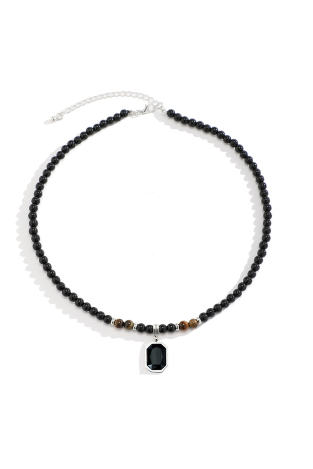 Tiger Eye Black Beads with Square Pendant Necklace for Men Trendy Accessories on the Neck Collar 202