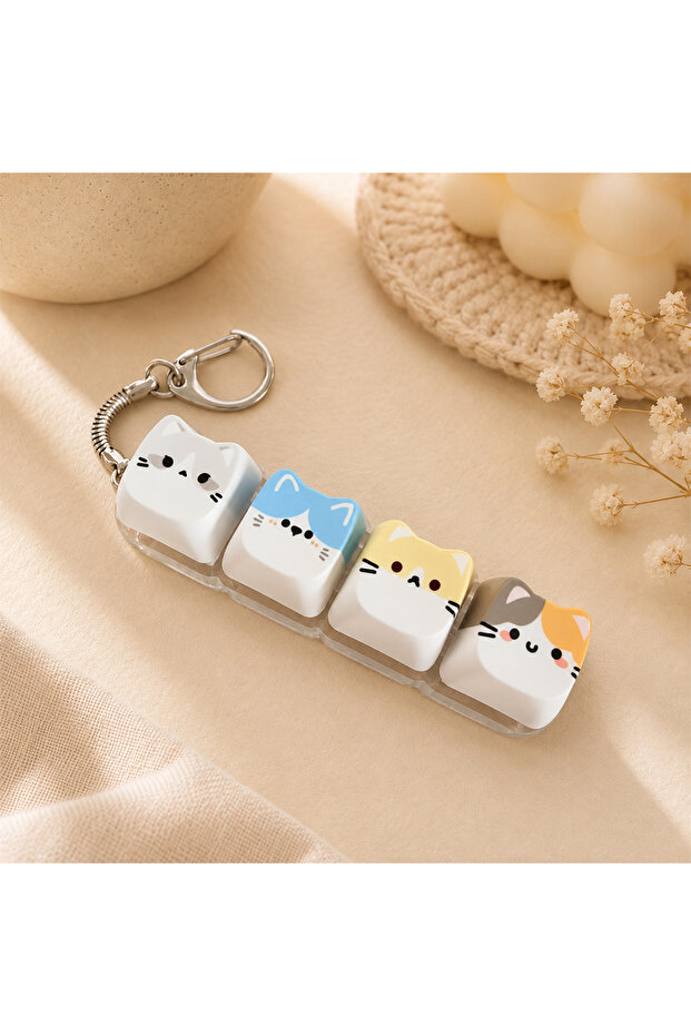 V Cute Cat Relax Button Keycap, Kawaii Cat 4-Key Keyboard Fidget Toy for Friends Gift, Portable Fidg