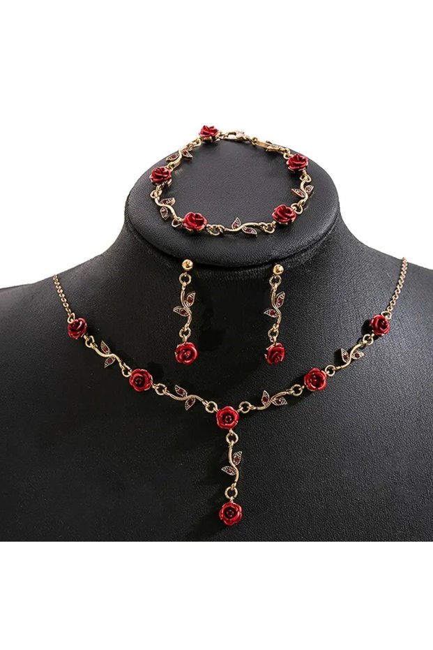 golden New Cross-border Fashion Jewelry, Vintage Rose Necklace and Earrings, Light Luxury High-end N