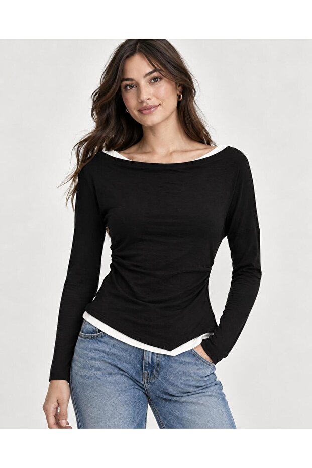 Women's Black Long Sleeve Garnished V-Neck Blouse