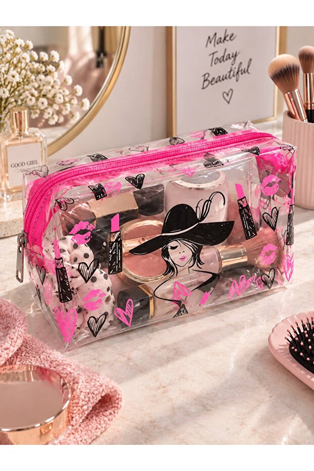 Transparent Pink Black Patterned Makeup Bag