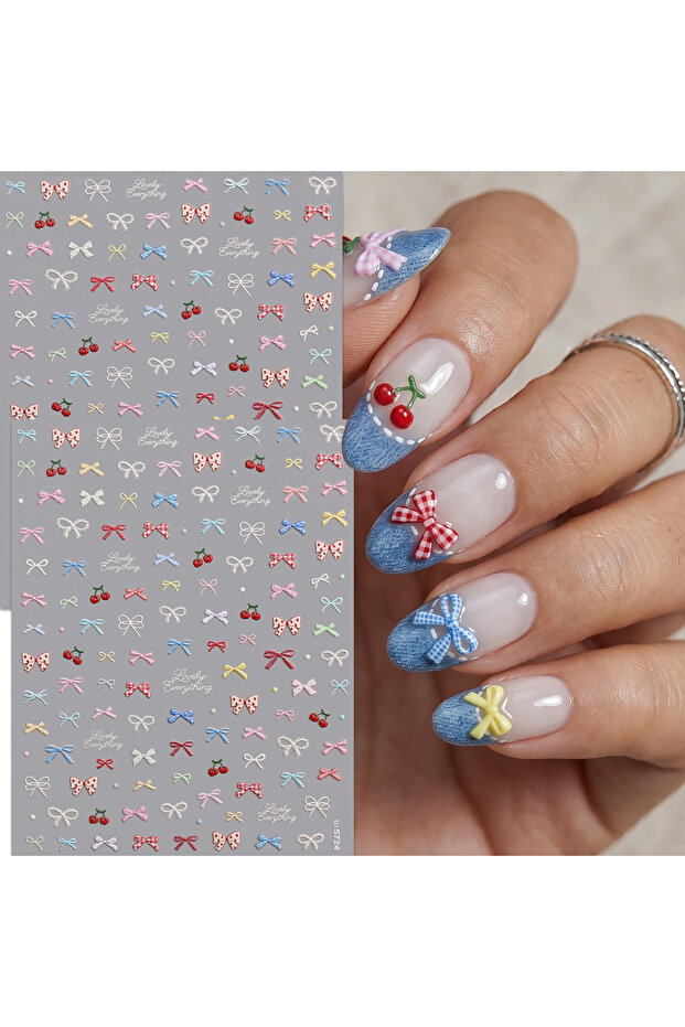 WHITE 5D Embossed Bow & Cherry Nail Stickers, Sweet Coquette Style Textured Decals for Music Festiva