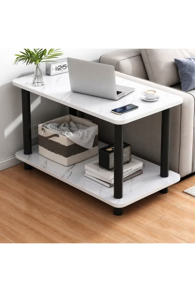 Living Room End Table, Sofa Table, 2 Tier Coffee Table with Storage Shelf, Solid Wood Table Legs and Faux Marble Top,Modern Central Table for Living Room Easy to assemble