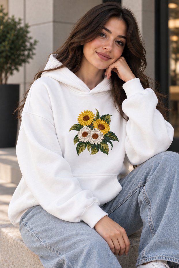 Women's Oversize Sunflower and Daisy Printed Hooded Sweatshirt with Kangaroo Pocket, Comfortable Fit, Casual Hoodie