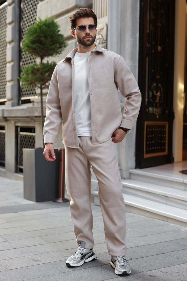Beige Buttoned Men's Shirt and Trousers Two-Piece Set E7377