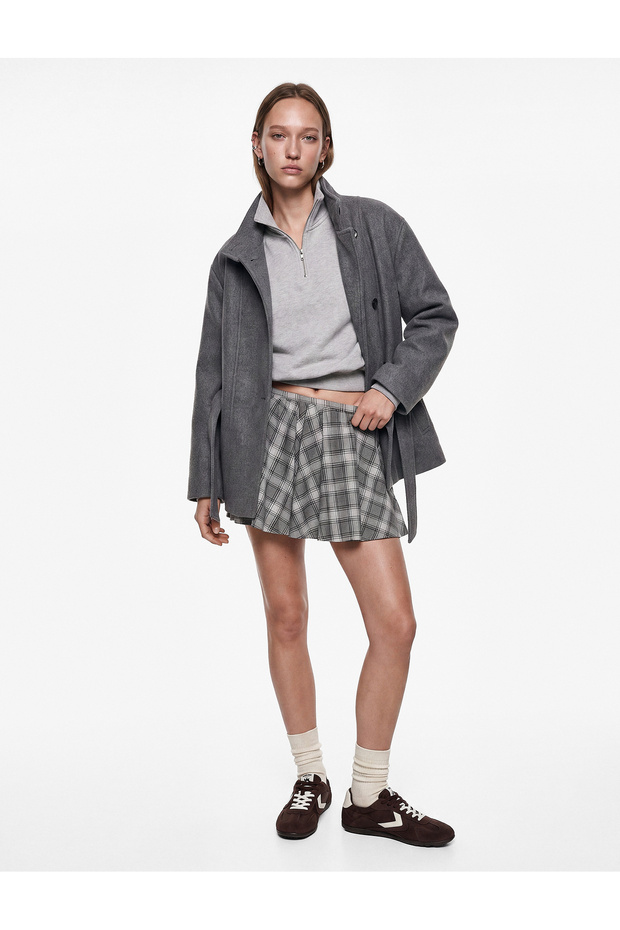 Belted, Pocketed, Buttoned, Stand Collar, Long Sleeve, Double Breasted Cashmere Coat