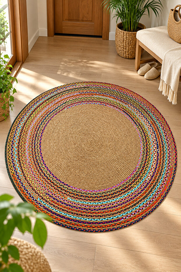 Nera Round Authentic Wicker Jute Knitted Rug, Multi-Purpose, Decorative Hand-Knitted Mat, Table Runner, Entrance Hall Living Room Bedroom Rug Mat