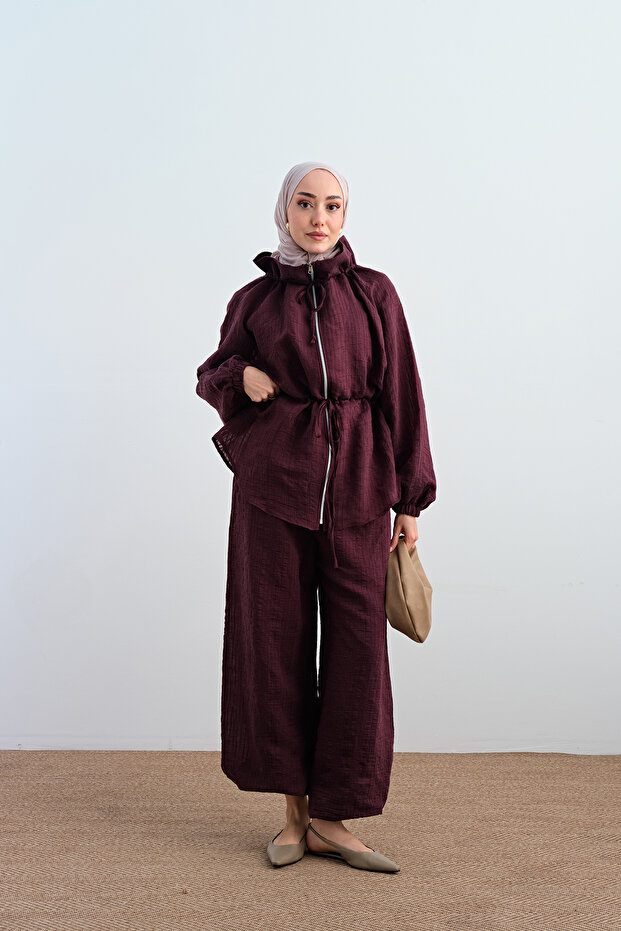 Women's Adjustable Waist and Collar Glitter Tulle Set in Burgundy