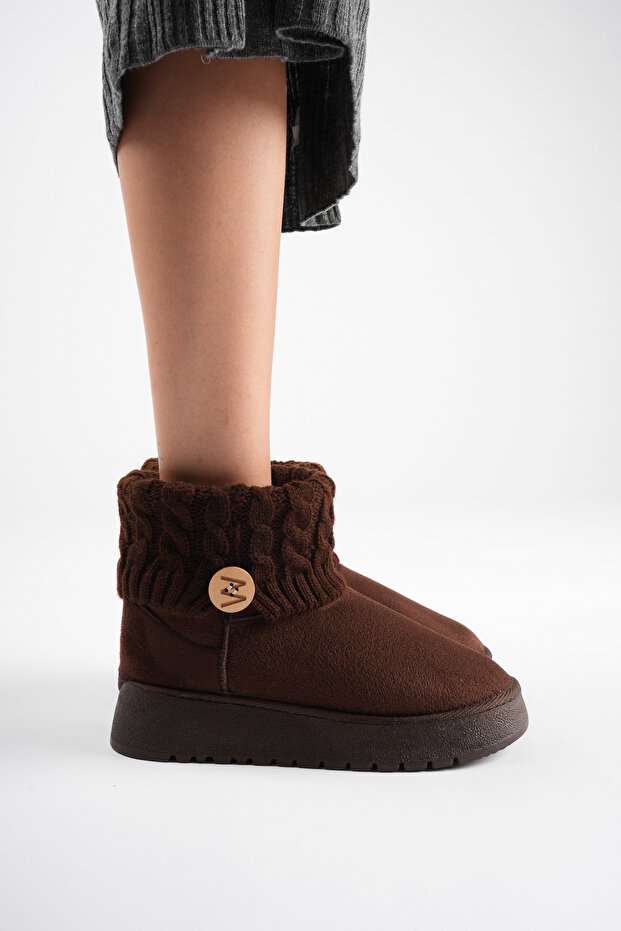 Women's Bitter Brown Suede Knitwear Detailed Thick Soled Winter Boots with Fur Inside