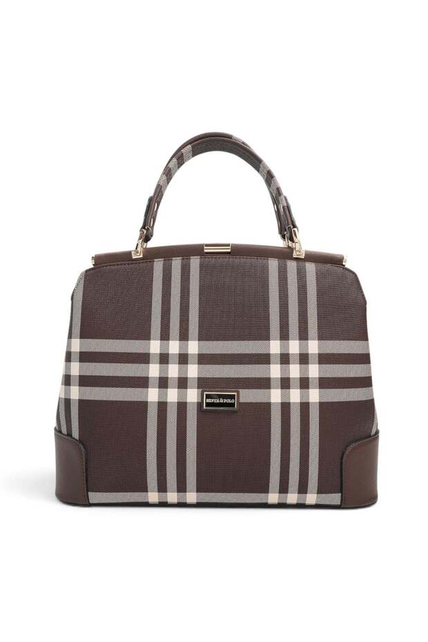Coffee - Brown Striped Plaid Women's Handbag Sp706