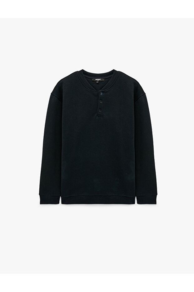 Long Sleeve Three-Thread Ribbed Button Detailed Henley Collar Sweatshirt