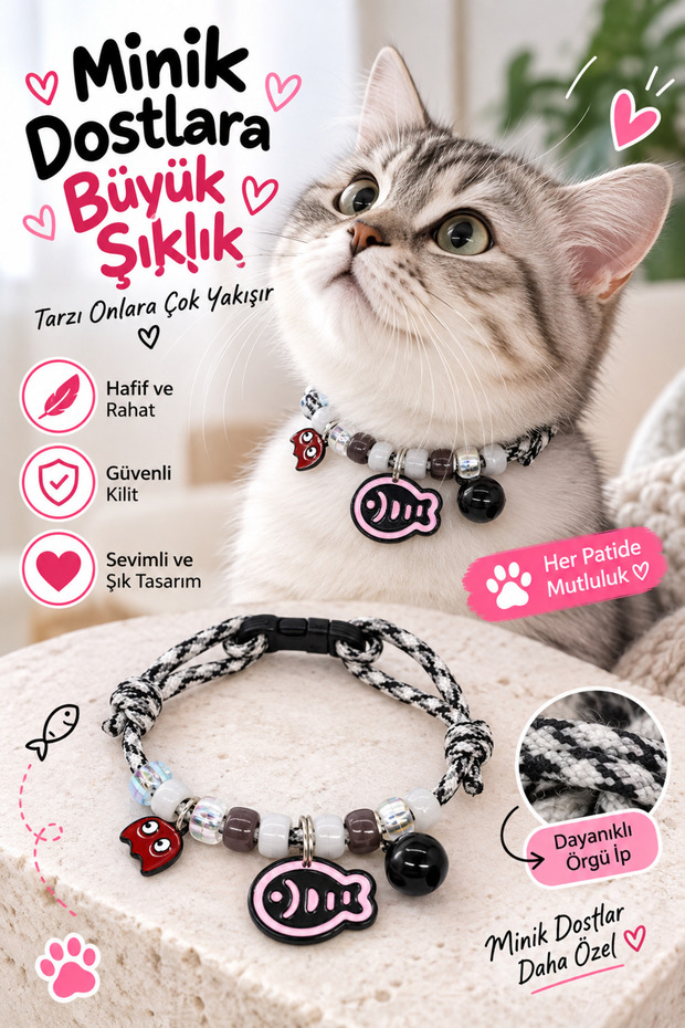 Cat and Small Breed Dog Collar – Adjustable – Beaded – Figured – with Bell – Colorful Collar