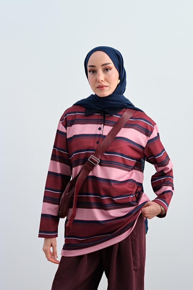 Women's Thin Striped Half-Button Sweatshirt Pink