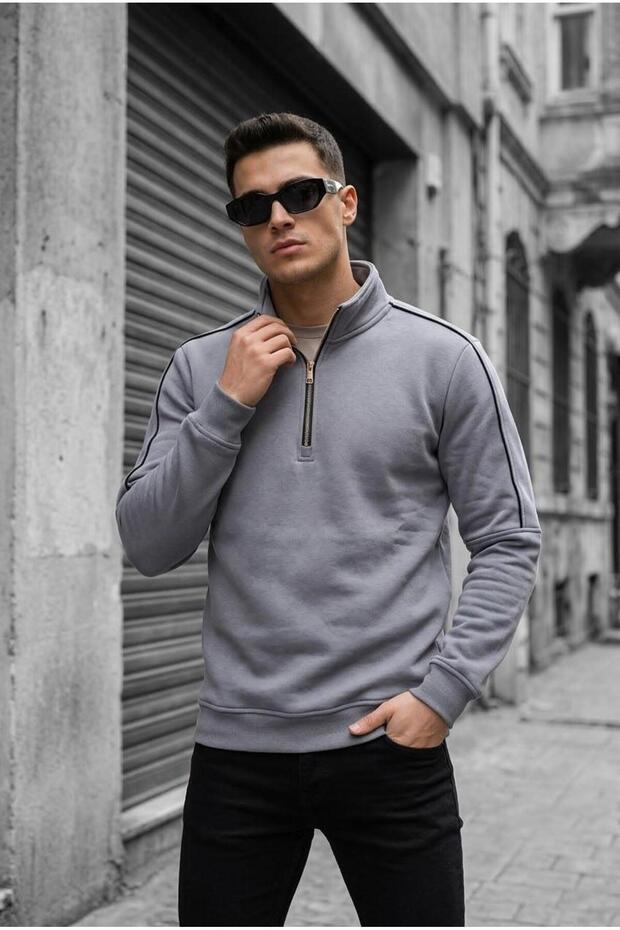 Nory Three Yarn Cotton Men's Half Zipper Stripe Detailed Stand Collar Slim Fit Sweatshirt