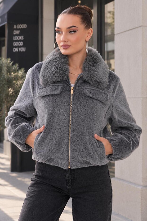 Women's Fur Collar Zipper Closure Plush Coat 265332 -