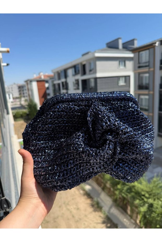 Navy Blue Metallic Rope Knitted Hidden Scholarship Evening Dress Portfolio Clutch Bag