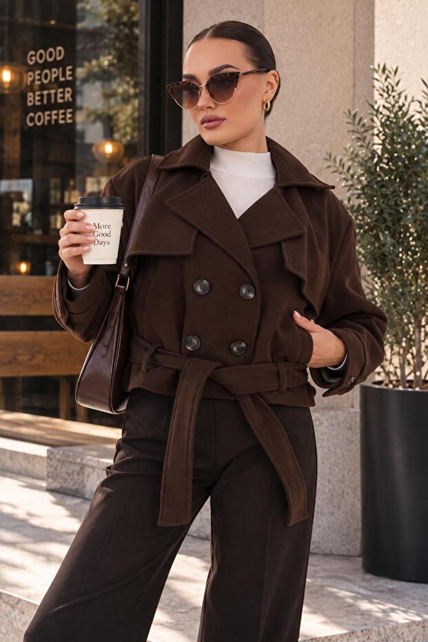 Women's Cape Belted Button Closure Short Cashmere Coat 265294 -