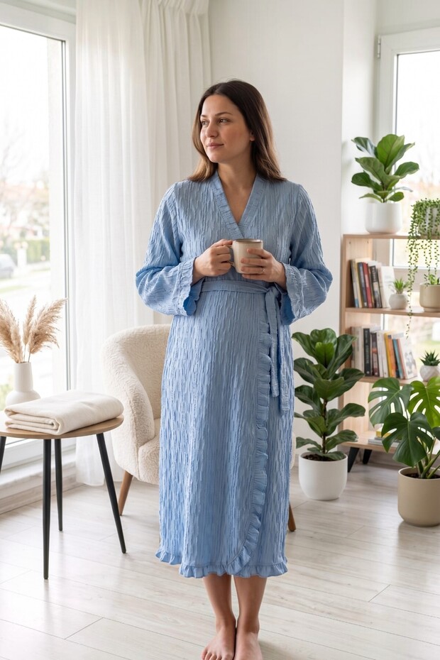 Allesa Ruffle Detailed Maternity and Postpartum Knitted Dressing Gown